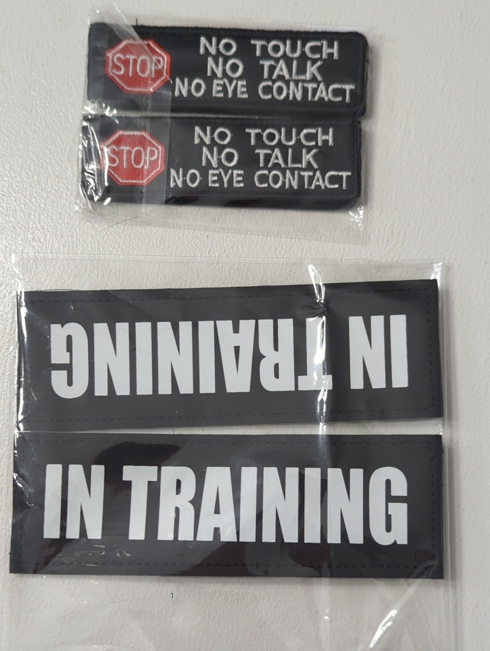 Black "IN TRAINING" & "NO TOUCH NO TALK NO EYE CONTACT" Patch Set